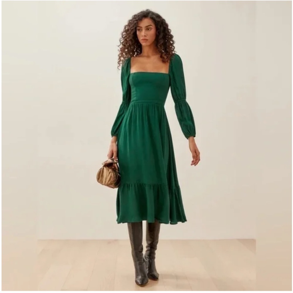 Reformation Mica Emerald Green Long Sleeve Square Neck Midi Dress - Picture 3 of 9